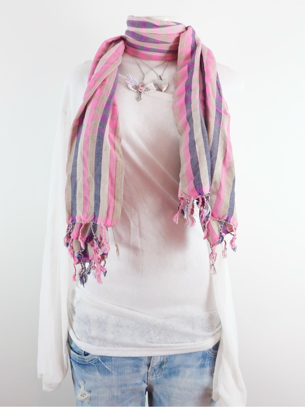 Y2k Striped Pink & Cream Lightweight Fringe Scarf